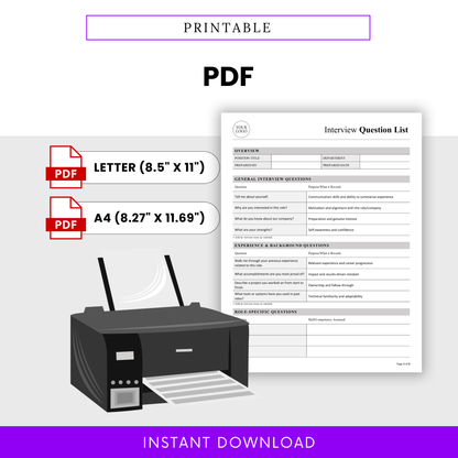 Printable interview questions template PDF in letter and A4 sizes, professional HR document ready for printing and candidate evaluation