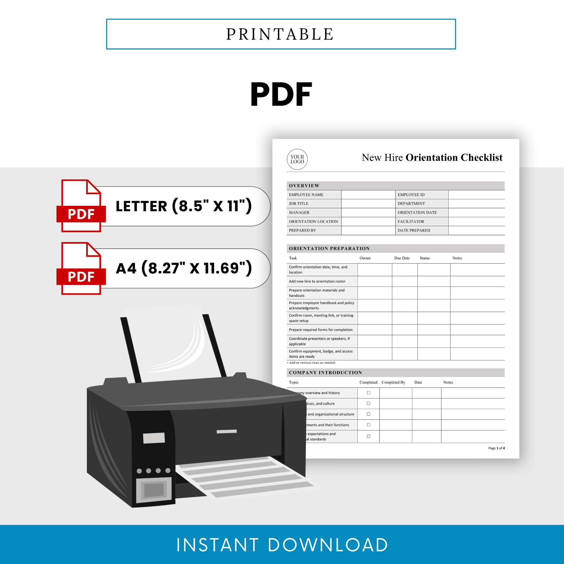 Printable PDF version of employee onboarding checklist template with clean layout, US Letter and A4 sizes, ready-to-print HR orientation document