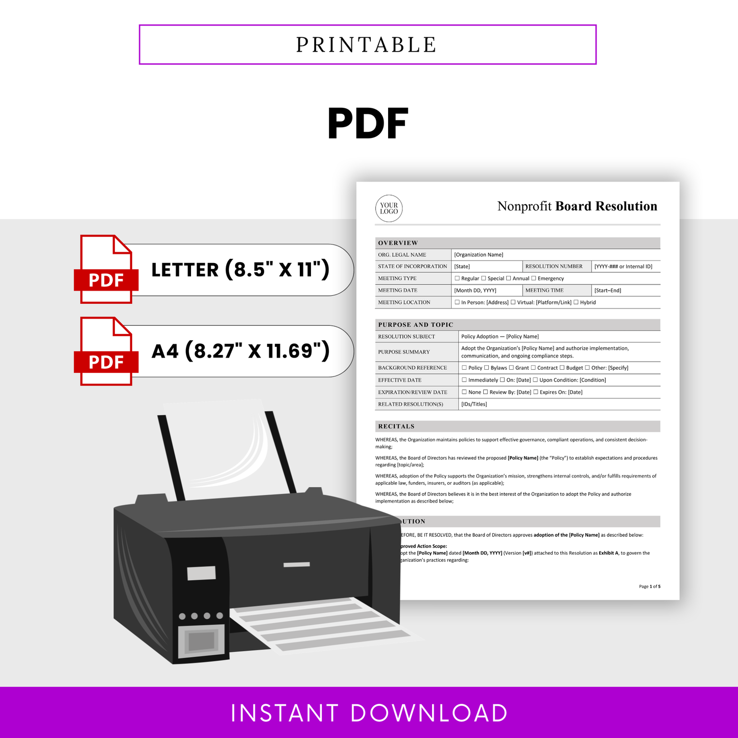 Printable nonprofit board resolution PDF template, US Letter and A4 formats, ready-to-print governance document, nonprofit policy adoption form, clean professional layout
