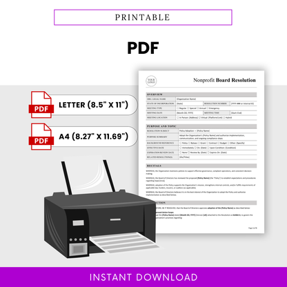 Printable nonprofit board resolution PDF template, US Letter and A4 formats, ready-to-print governance document, nonprofit policy adoption form, clean professional layout