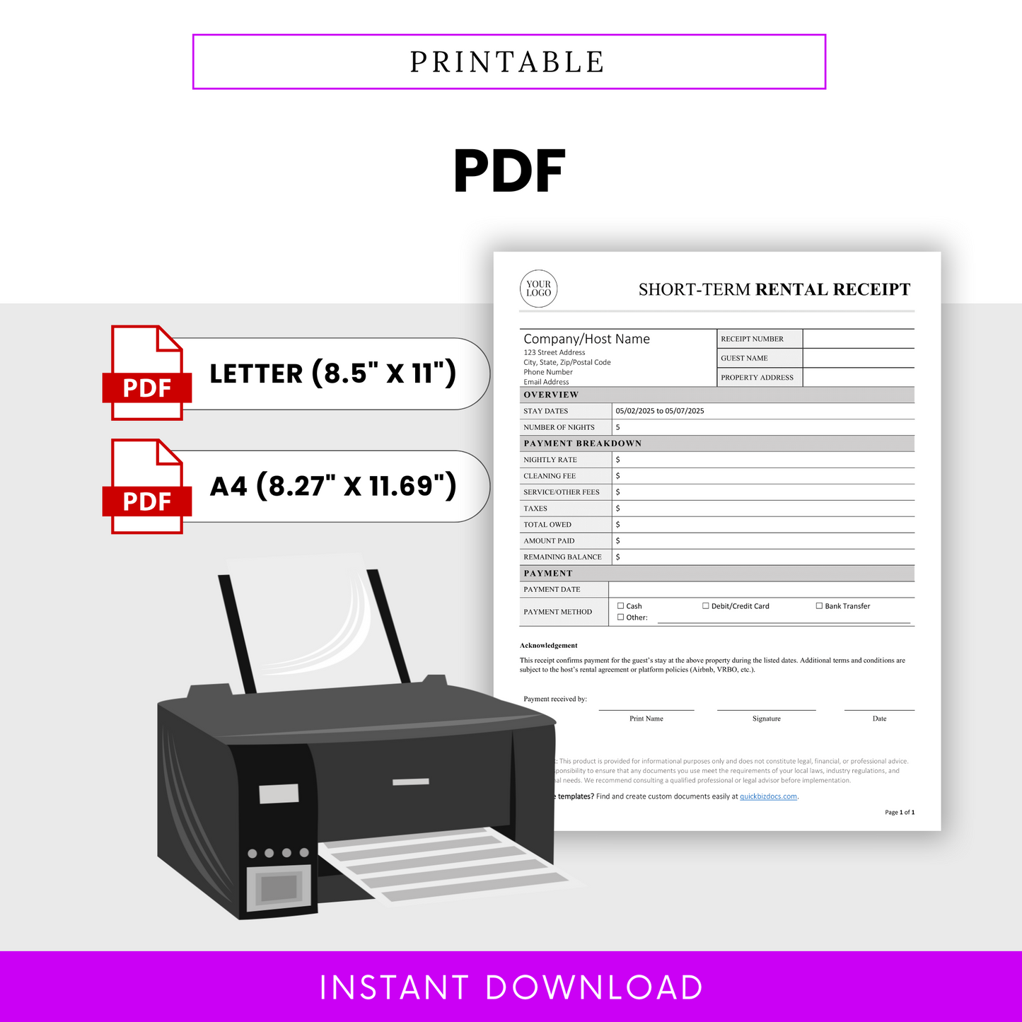 Printable PDF version of the short-term rental receipt template, formatted for both US Letter and A4 sizes for quick and professional printing