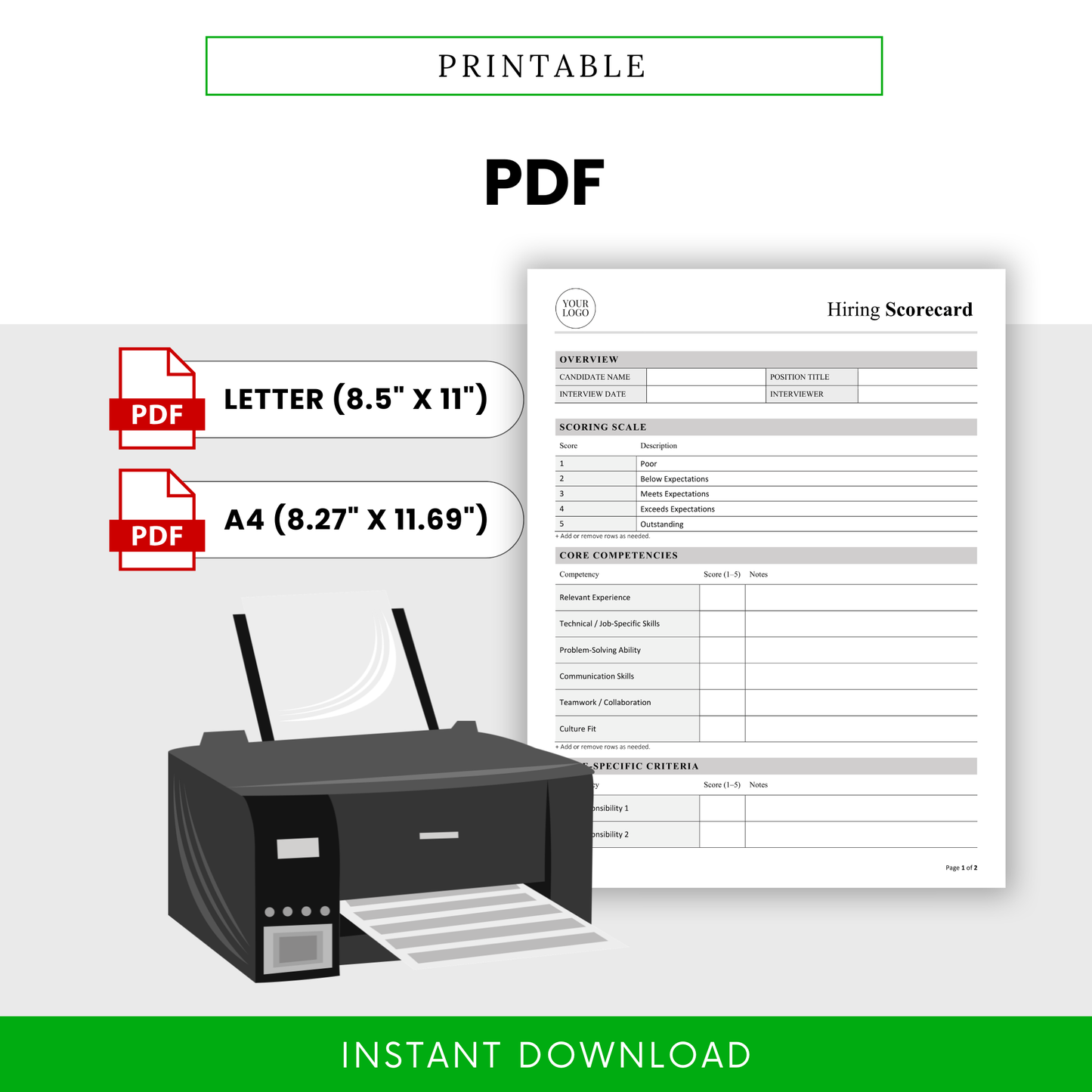 Printable hiring scorecard PDF template, interview evaluation form for HR teams, recruiter checklist, professional hiring document in letter and A4 sizes