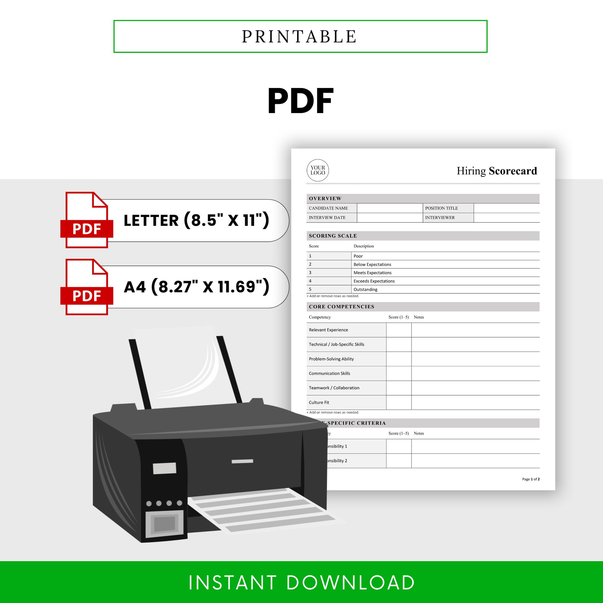 Printable hiring scorecard PDF template, interview evaluation form for HR teams, recruiter checklist, professional hiring document in letter and A4 sizes