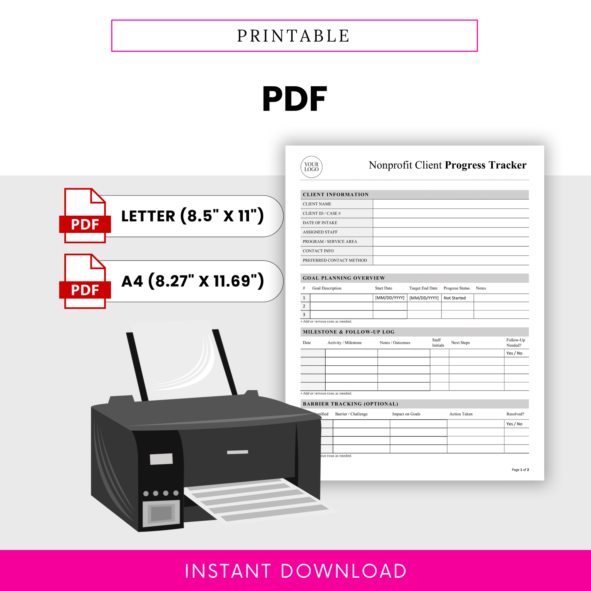 Printable nonprofit client progress tracker PDF with US Letter and A4 sizes, designed for easy documentation of client goals, milestones, and case notes in social service programs