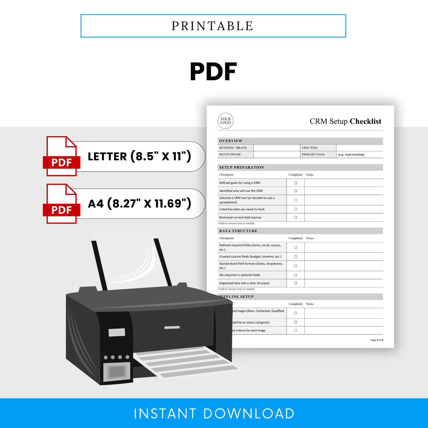 CRM Setup Checklist Template PDF formatted for easy printing in Letter and A4 sizes. This simple, printable CRM Setup Template is ideal for offline use, helping businesses manage lead tracking and workflows with a clean, professional layout.