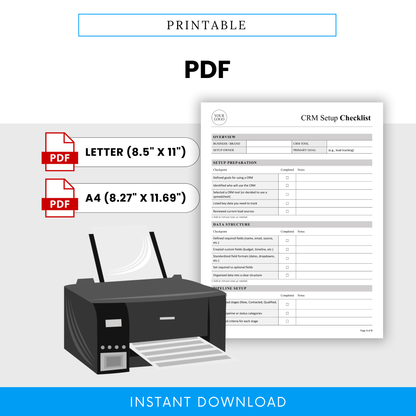 CRM Setup Checklist Template PDF formatted for easy printing in Letter and A4 sizes. This simple, printable CRM Setup Template is ideal for offline use, helping businesses manage lead tracking and workflows with a clean, professional layout.