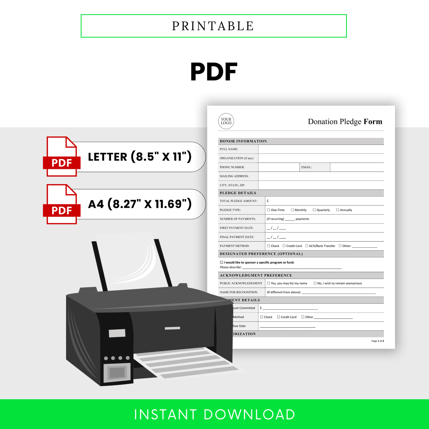 Donation Pledge Form Template PDF designed for easy printing in Letter and A4 sizes with a clean layout. This printable donation form is perfect for nonprofits and organizations needing a ready-to-use, professional pledge tracking document.