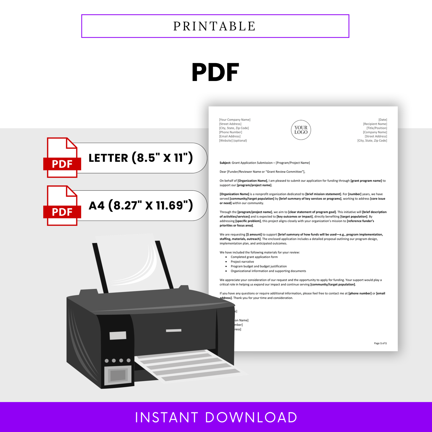 Printable Grant Cover Letter Template PDF displayed with Letter and A4 sizes, ready for instant download and printing. This simple and professional Grant Submission Template is ideal for organizations needing a polished, print-ready funding application letter.