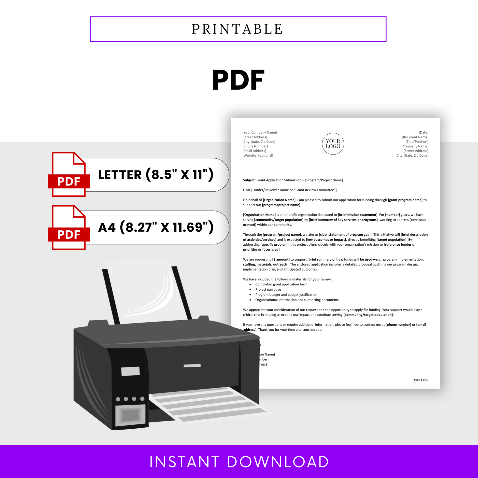 Printable Grant Cover Letter Template PDF displayed with Letter and A4 sizes, ready for instant download and printing. This simple and professional Grant Submission Template is ideal for organizations needing a polished, print-ready funding application letter.