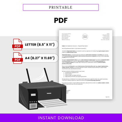 Printable Grant Cover Letter Template PDF displayed with Letter and A4 sizes, ready for instant download and printing. This simple and professional Grant Submission Template is ideal for organizations needing a polished, print-ready funding application letter.