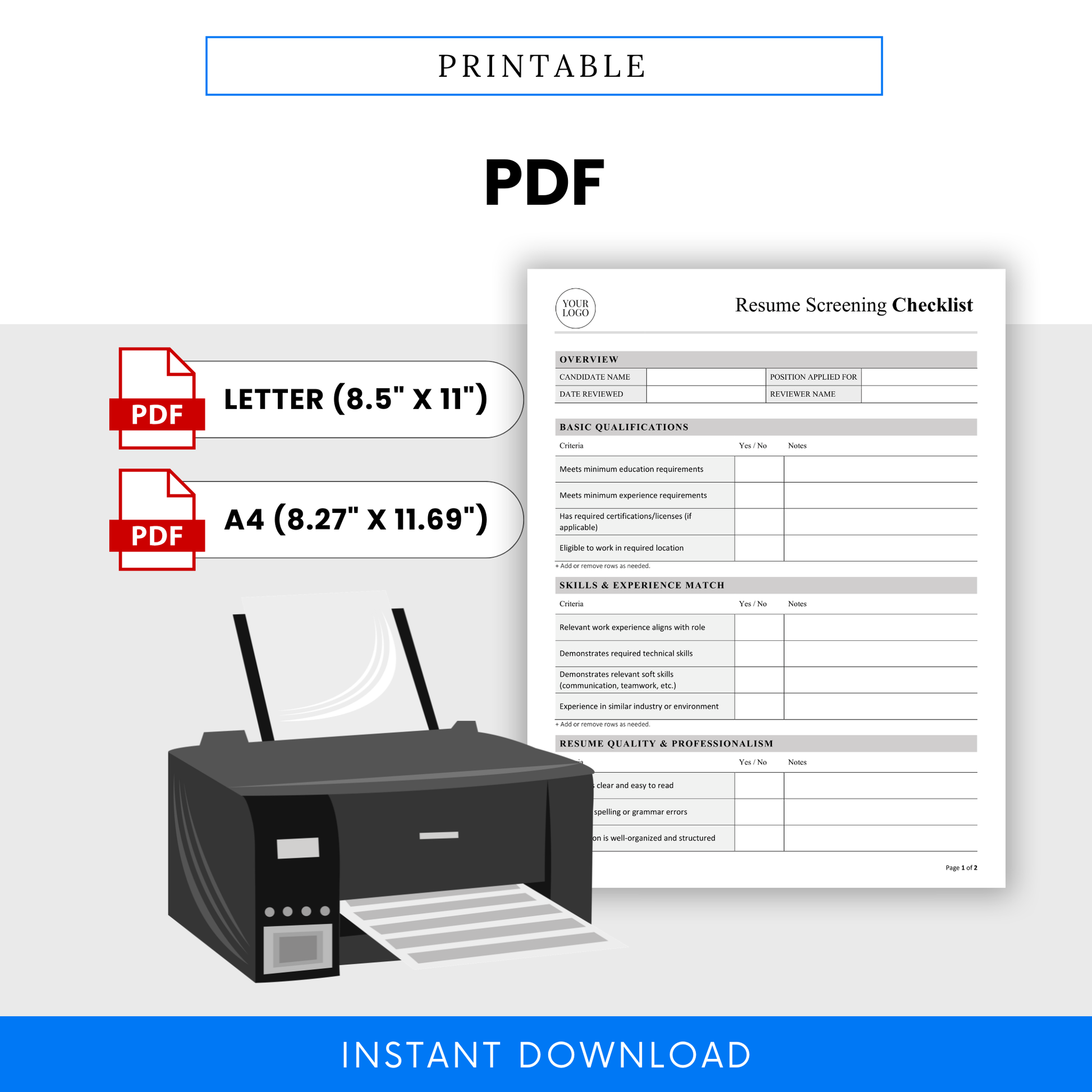 Printable resume screening checklist PDF template with US Letter and A4 sizes, professional hiring document for recruiters