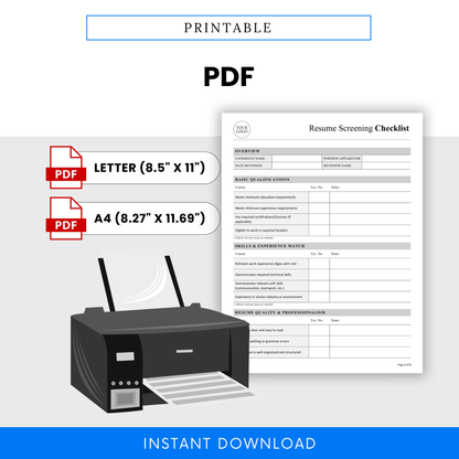 Printable resume screening checklist PDF template with US Letter and A4 sizes, professional hiring document for recruiters