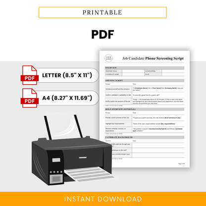 Printable PDF version of the job candidate phone screening template shown with letter and A4 size formats, ready for easy printing and use