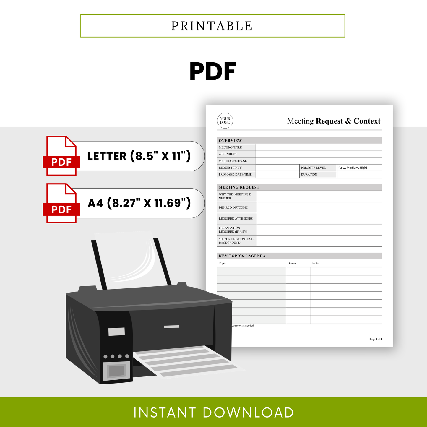 Printable meeting request template PDF with letter and A4 sizes, ready-to-print business meeting planner document, clean minimal layout for office use