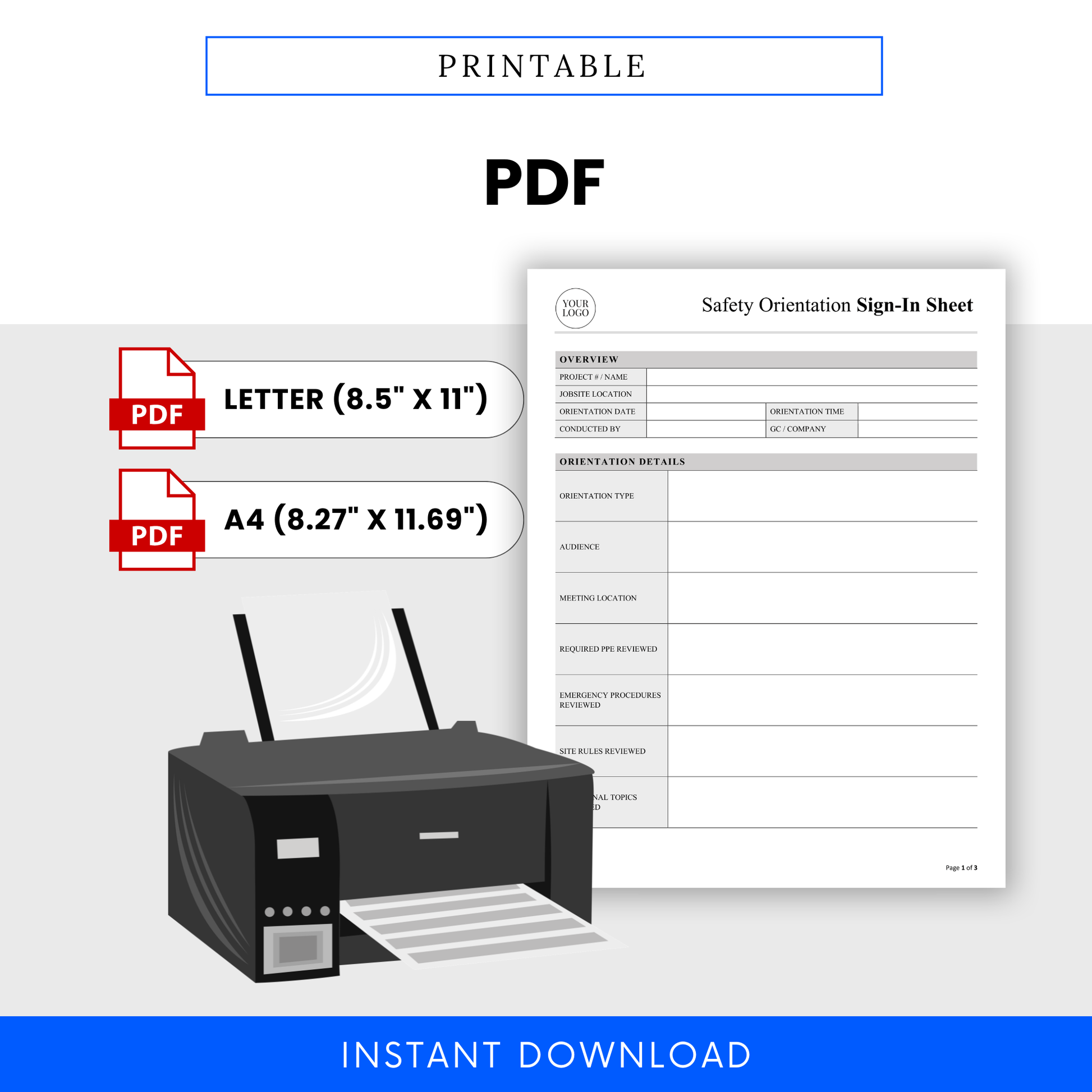 Printable construction safety orientation sign-in sheet template in PDF format with letter and A4 sizes, ready-to-print jobsite safety form
