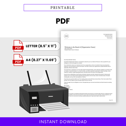 Printable nonprofit board member welcome letter template in PDF format available in US Letter and A4 sizes, ideal for professional nonprofit onboarding, board appointment communication, and instant digital download