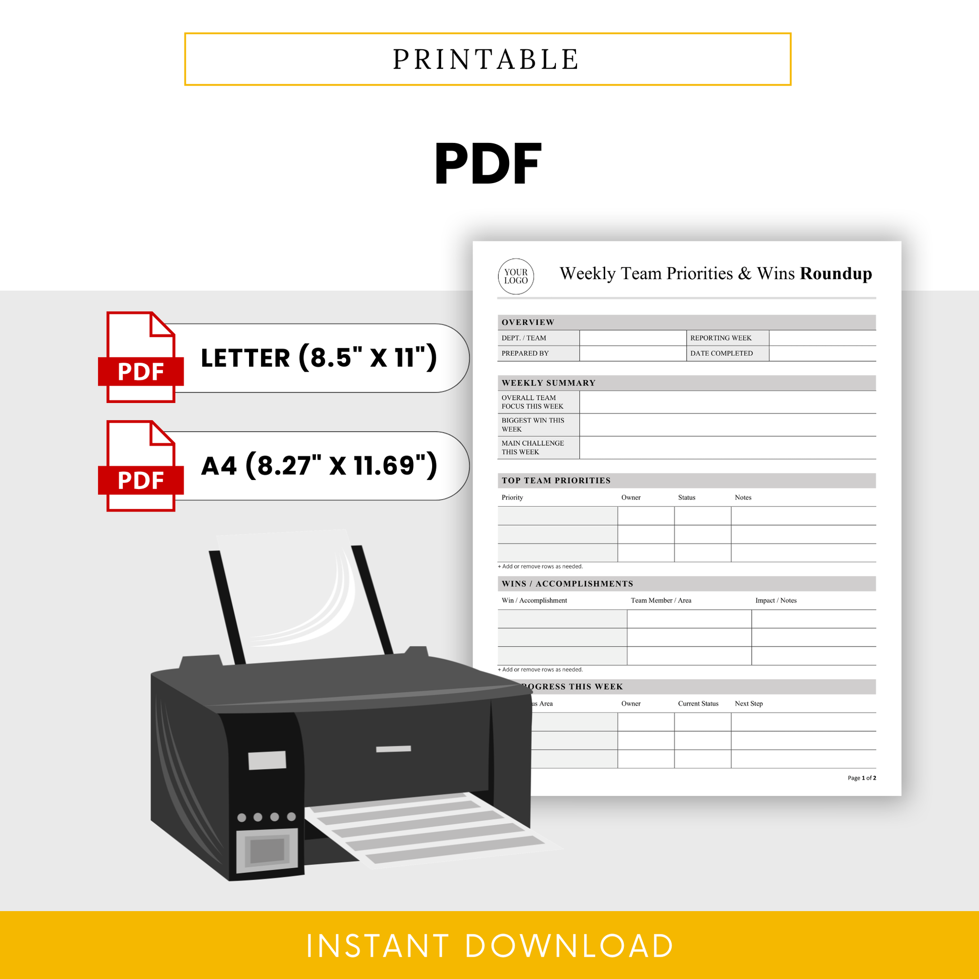 Printable PDF weekly team priorities template in Letter and A4 size, ideal for meetings, reports, and team performance tracking