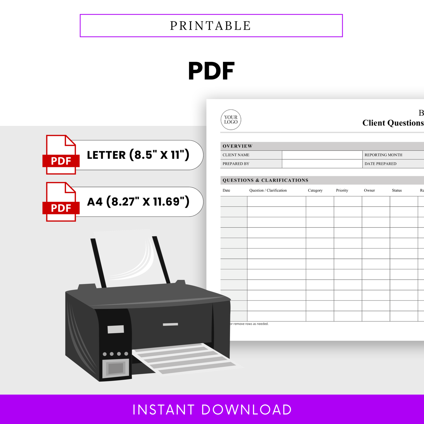 Printable bookkeeping template PDF in letter and A4 sizes with client questions log and accounting workflow tracker for easy printing