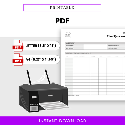 Printable bookkeeping template PDF in letter and A4 sizes with client questions log and accounting workflow tracker for easy printing