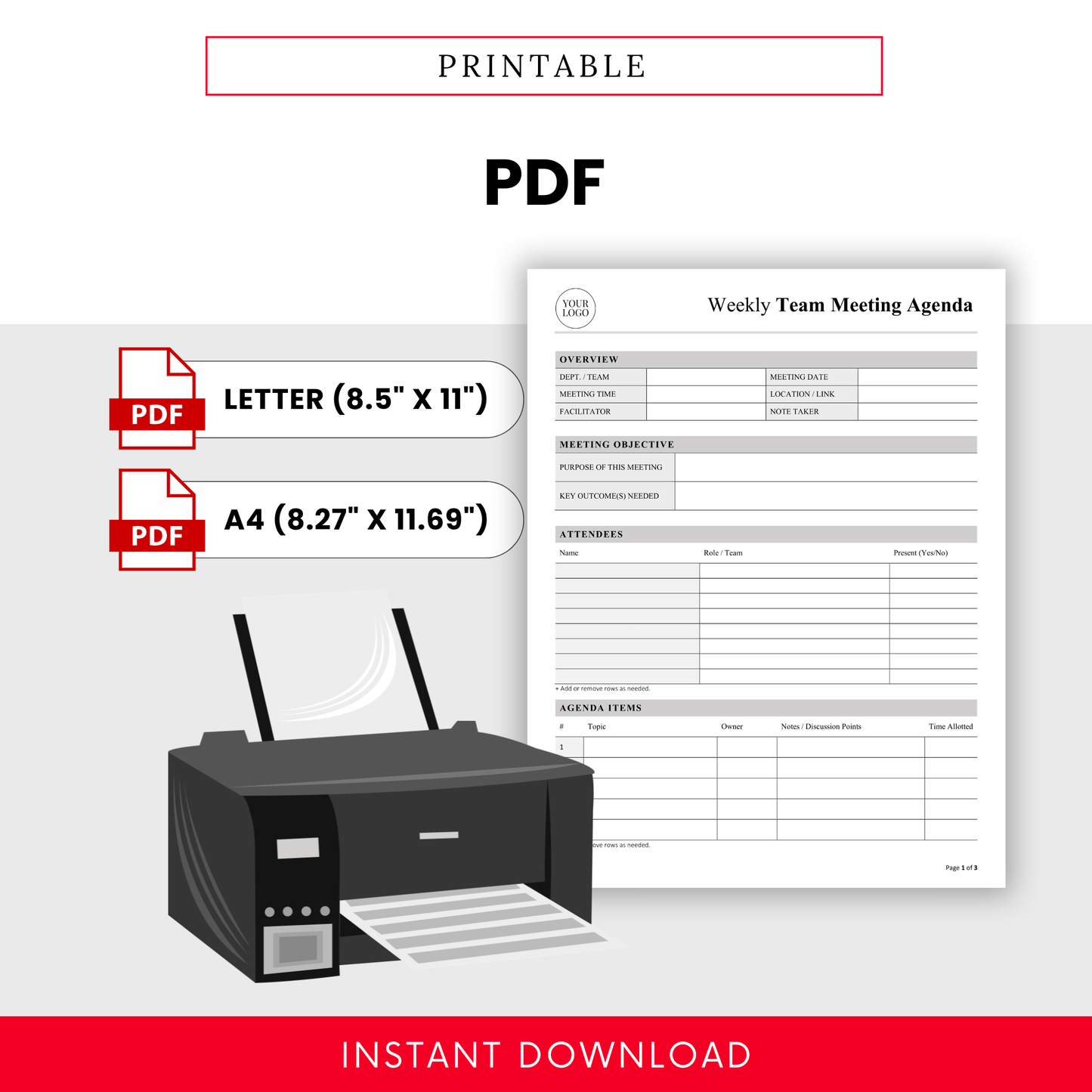 Printable PDF weekly team meeting agenda template PDF designed for easy printing in US Letter and A4 sizes with a clean, professional layout