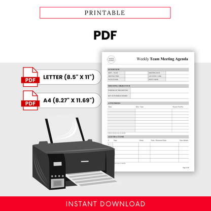 Printable PDF weekly team meeting agenda template PDF designed for easy printing in US Letter and A4 sizes with a clean, professional layout