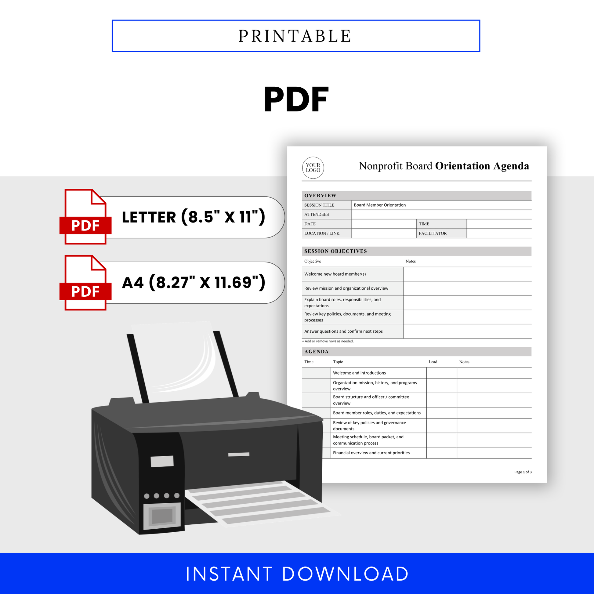 Printable nonprofit board orientation agenda template shown in PDF format with US Letter and A4 size options, clean professional layout, printer graphic, and instant download design for nonprofit board orientation and governance planning