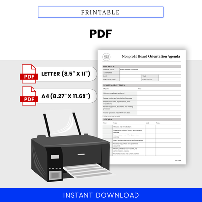 Printable nonprofit board orientation agenda template shown in PDF format with US Letter and A4 size options, clean professional layout, printer graphic, and instant download design for nonprofit board orientation and governance planning