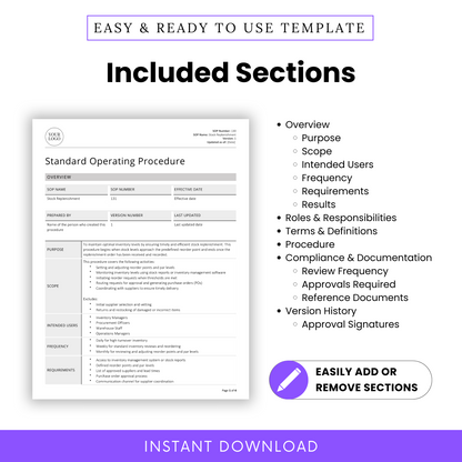 Included sections of the Stock Replenishment SOP Template: Overview, Purpose, Scope, Intended Users, Frequency, Requirements, Results, Roles & Responsibilities, Terms & Definitions, Procedure, Compliance & Documentation, and Version History. Fully editable and easy to customize. Instant download.