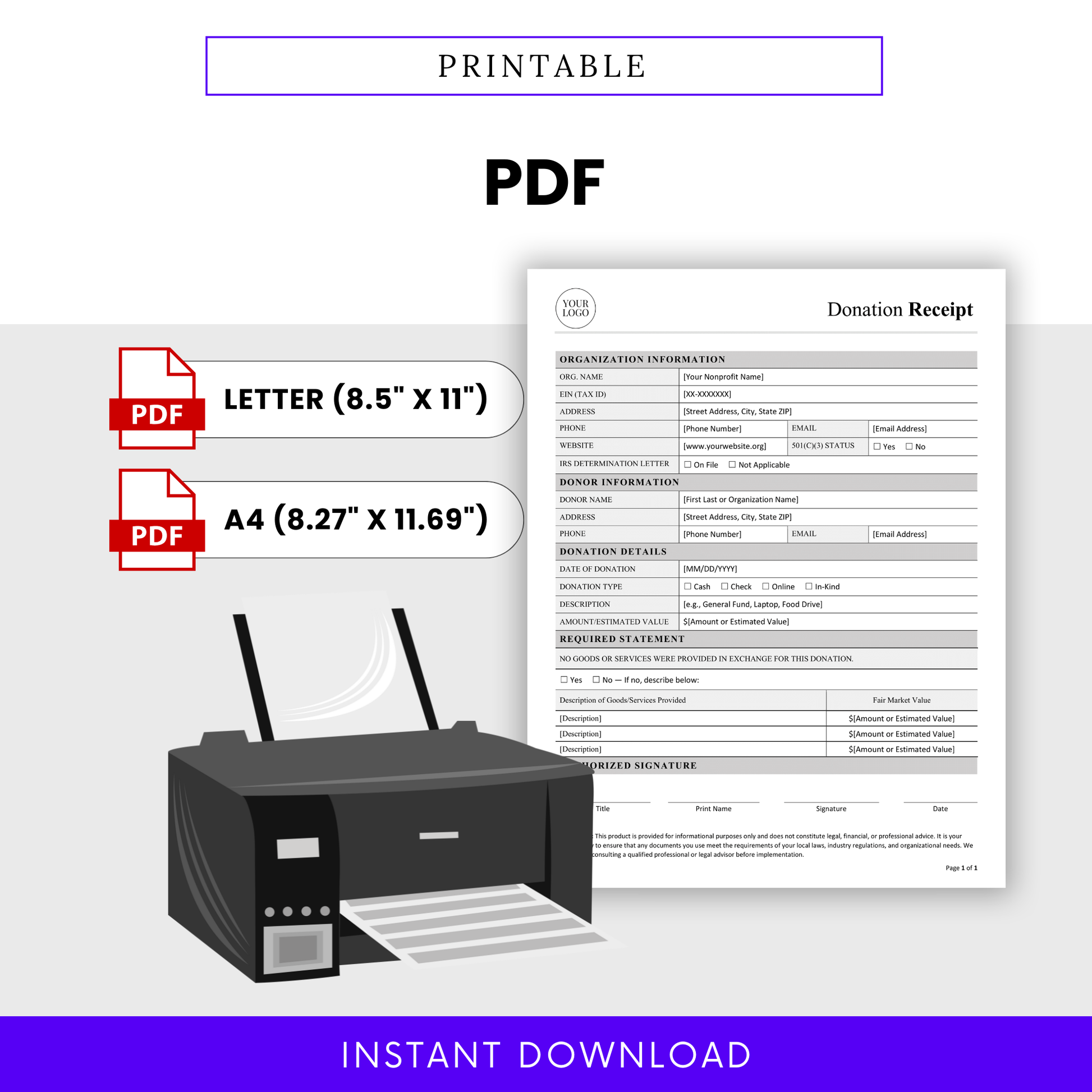 Printable Donation Receipt Template PDF designed for high-quality printing in both Letter and A4 sizes. This simple, ready-to-use template is ideal for quick distribution, record-keeping, and donor communication. A professional, printable business template perfect for nonprofits and organizations managing physical records.