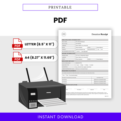 Printable Donation Receipt Template PDF designed for high-quality printing in both Letter and A4 sizes. This simple, ready-to-use template is ideal for quick distribution, record-keeping, and donor communication. A professional, printable business template perfect for nonprofits and organizations managing physical records.