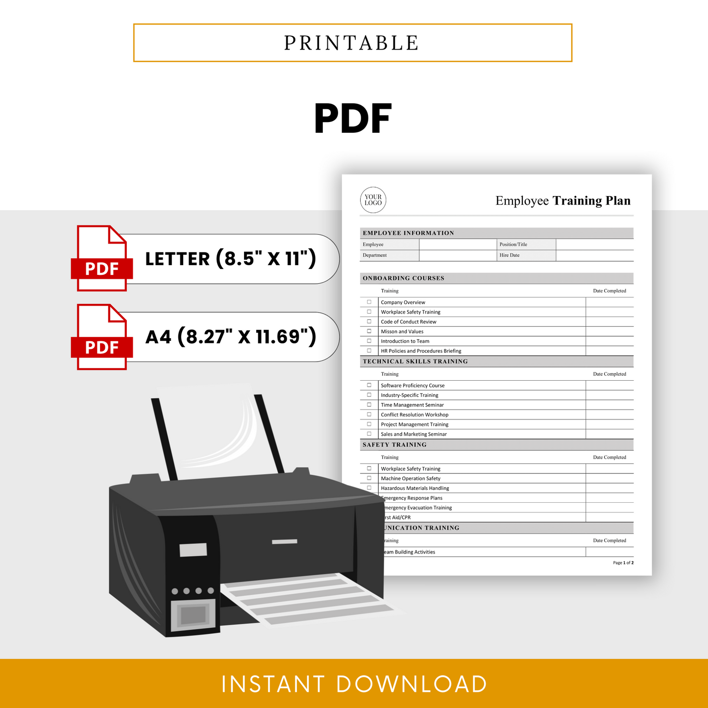 Printable version of the Employee Training Plan form shown with a printer and PDF icons for Letter and A4 sizes.