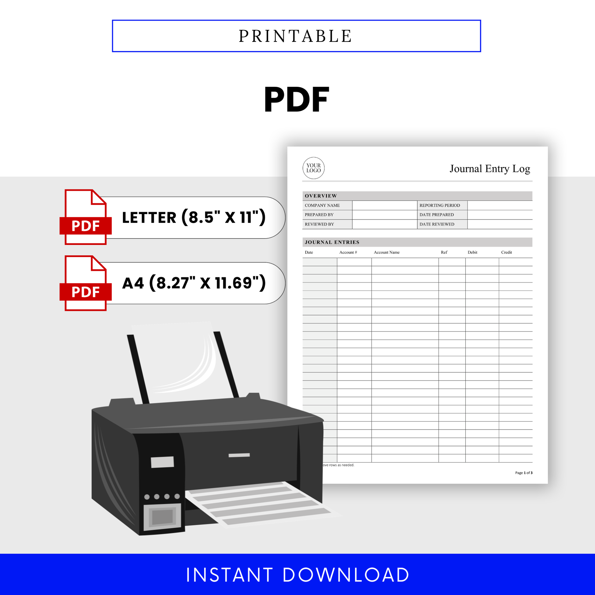 Printable journal entry log template in PDF format with letter and A4 sizes, accounting log sheet ready for printing and manual bookkeeping use