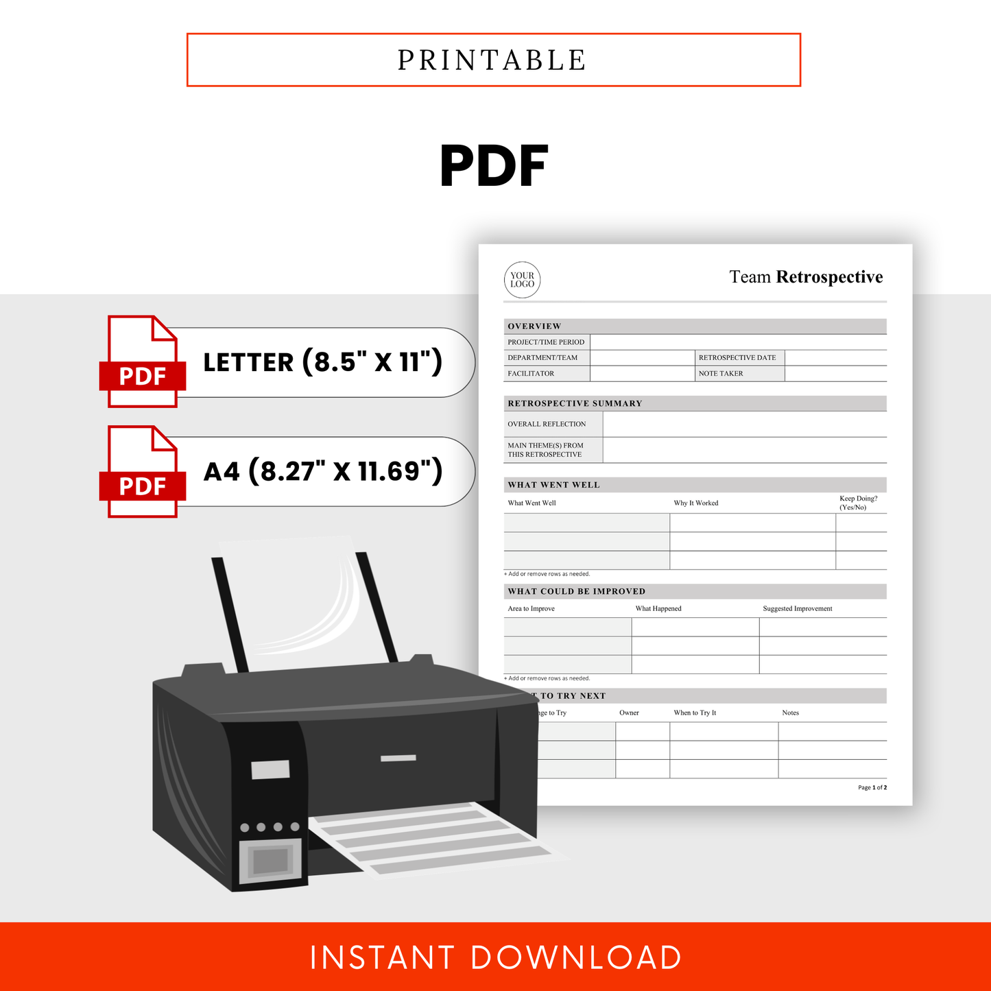 Printable Team Retrospective Template PDF Version In Letter And A4 Sizes, Clean Layout For Easy Printing, Project Reflection And Team Evaluation Worksheet