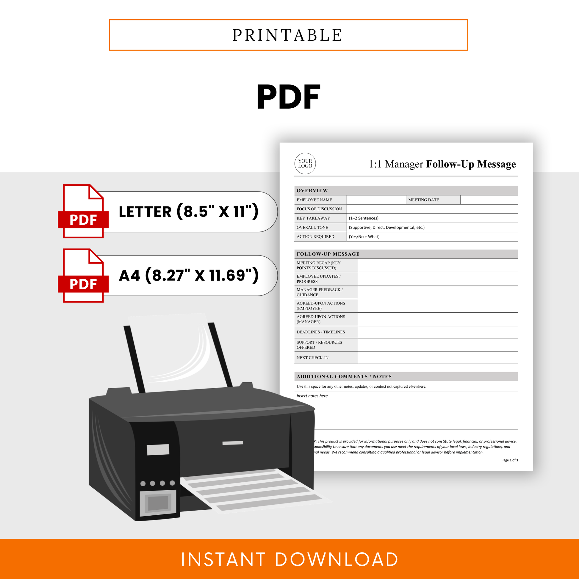 A printable PDF version of the manager follow-up template in Letter and A4 sizes, ideal for employee check-ins, performance tracking, and HR records.