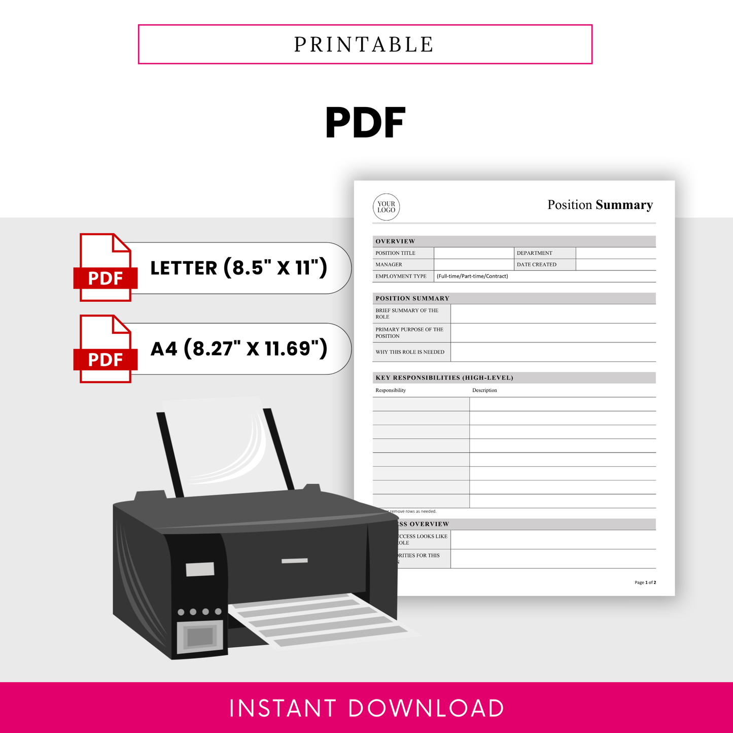Printable position summary template PDF format with letter and A4 sizes, ready-to-use HR document for job descriptions, onboarding, and internal documentation