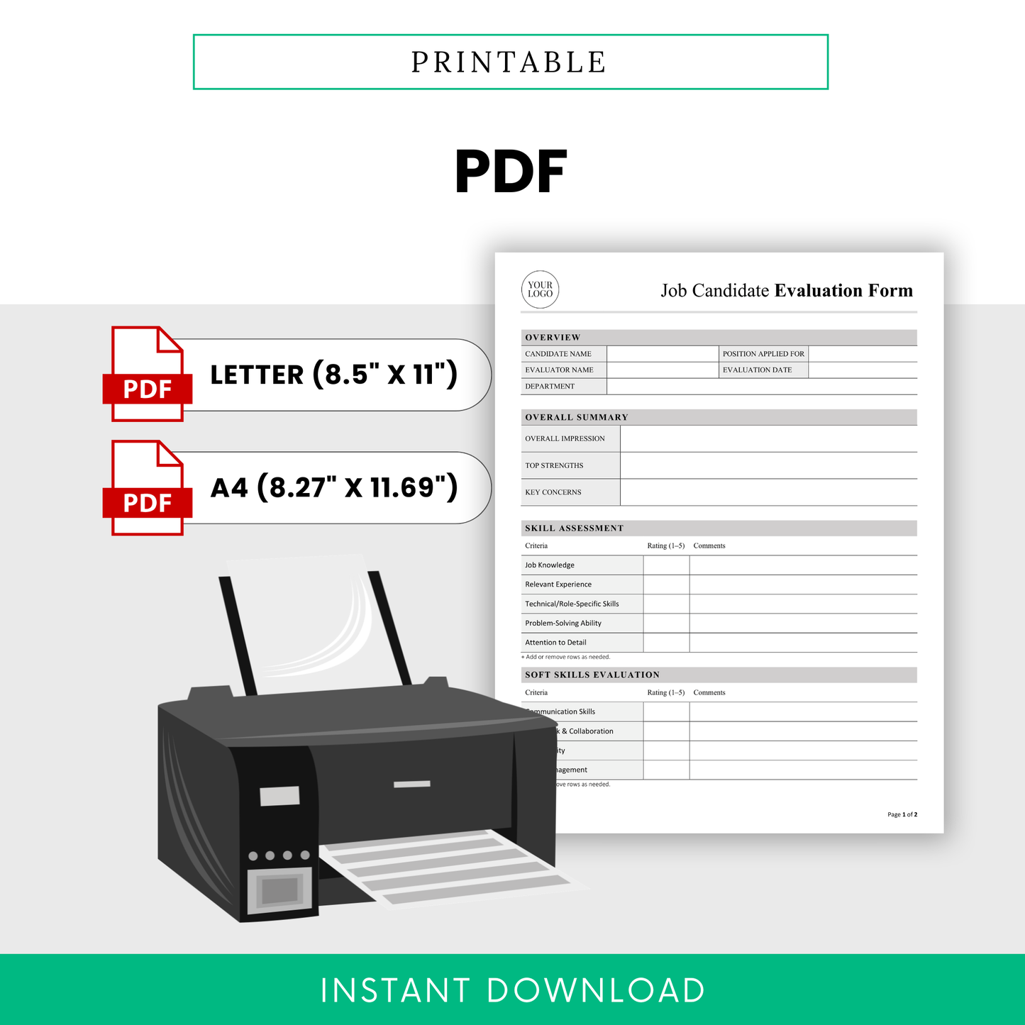 Printable job candidate evaluation form PDF with interview scoring sheet and hiring assessment layout in Letter and A4 sizes.