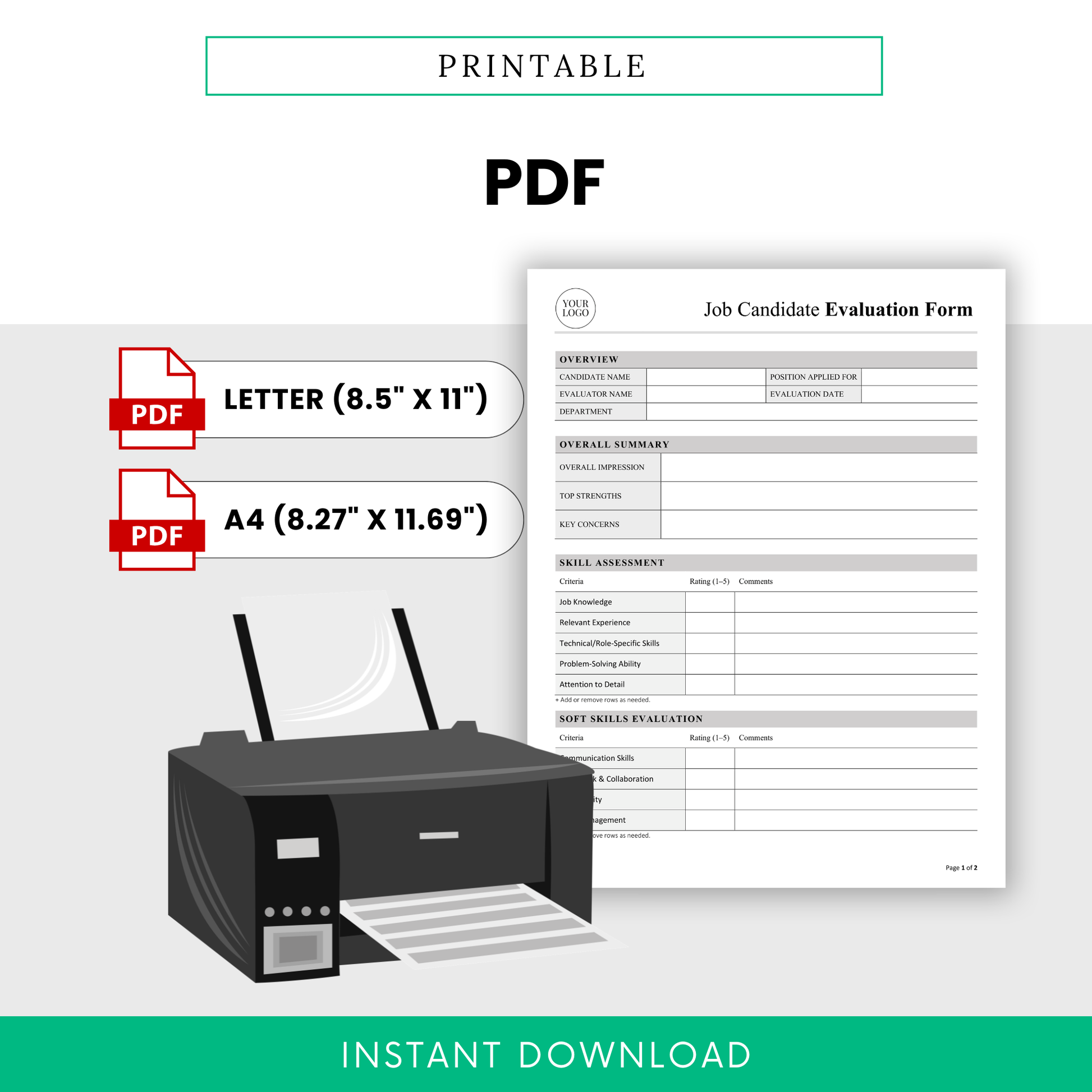 Printable job candidate evaluation form PDF with interview scoring sheet and hiring assessment layout in Letter and A4 sizes.