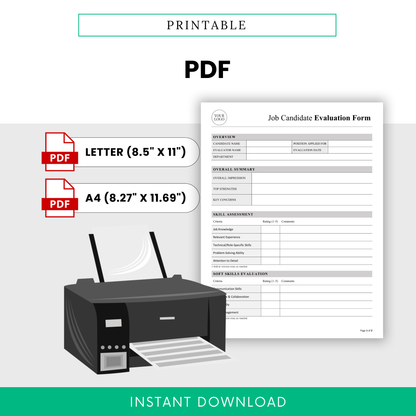 Printable job candidate evaluation form PDF with interview scoring sheet and hiring assessment layout in Letter and A4 sizes.