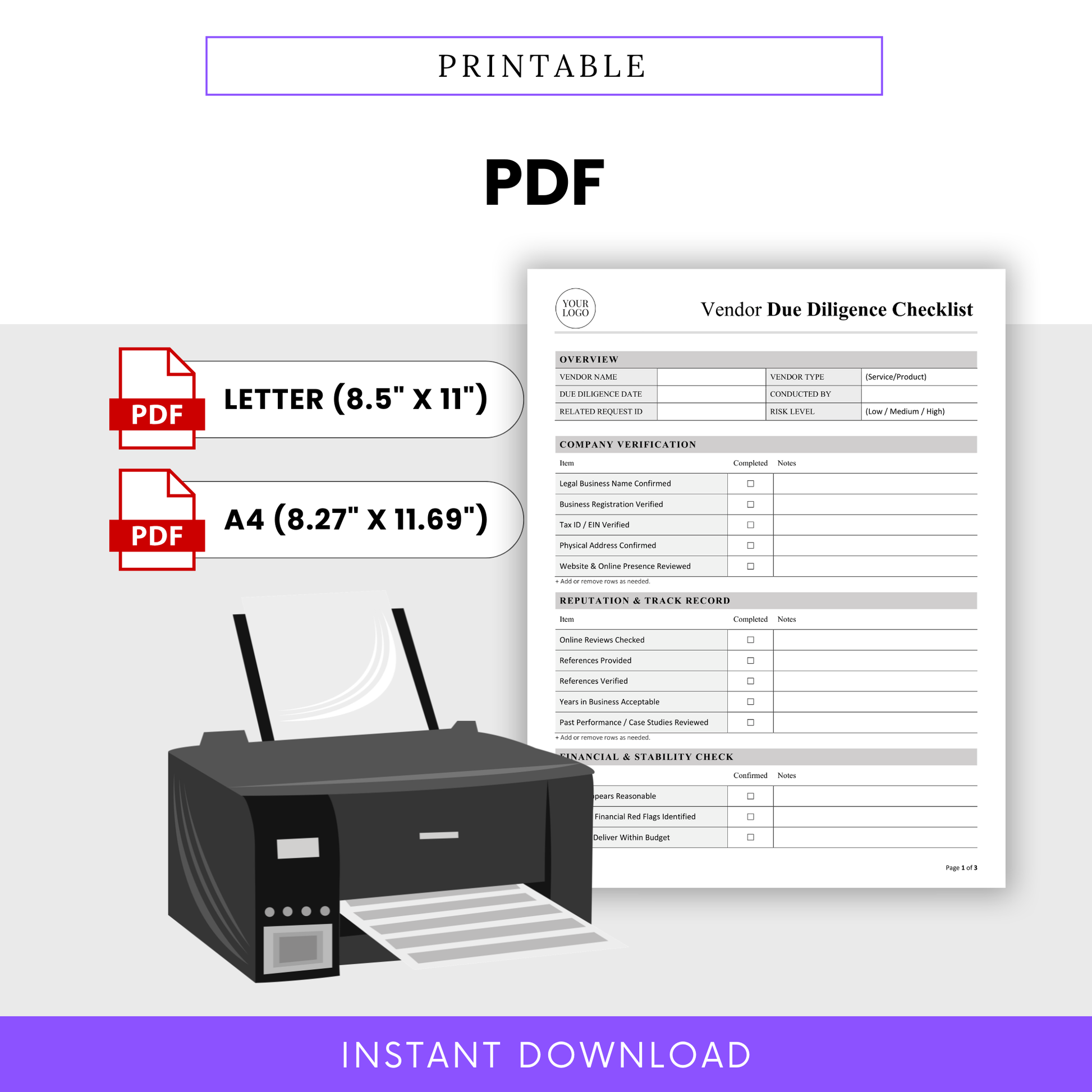 Printable Vendor Due Diligence Checklist Template PDF designed for easy printing in Letter and A4 sizes, shown alongside a printer graphic. This Vendor Due Diligence Template is ideal for businesses that prefer physical documentation for audits, compliance, and vendor review processes.