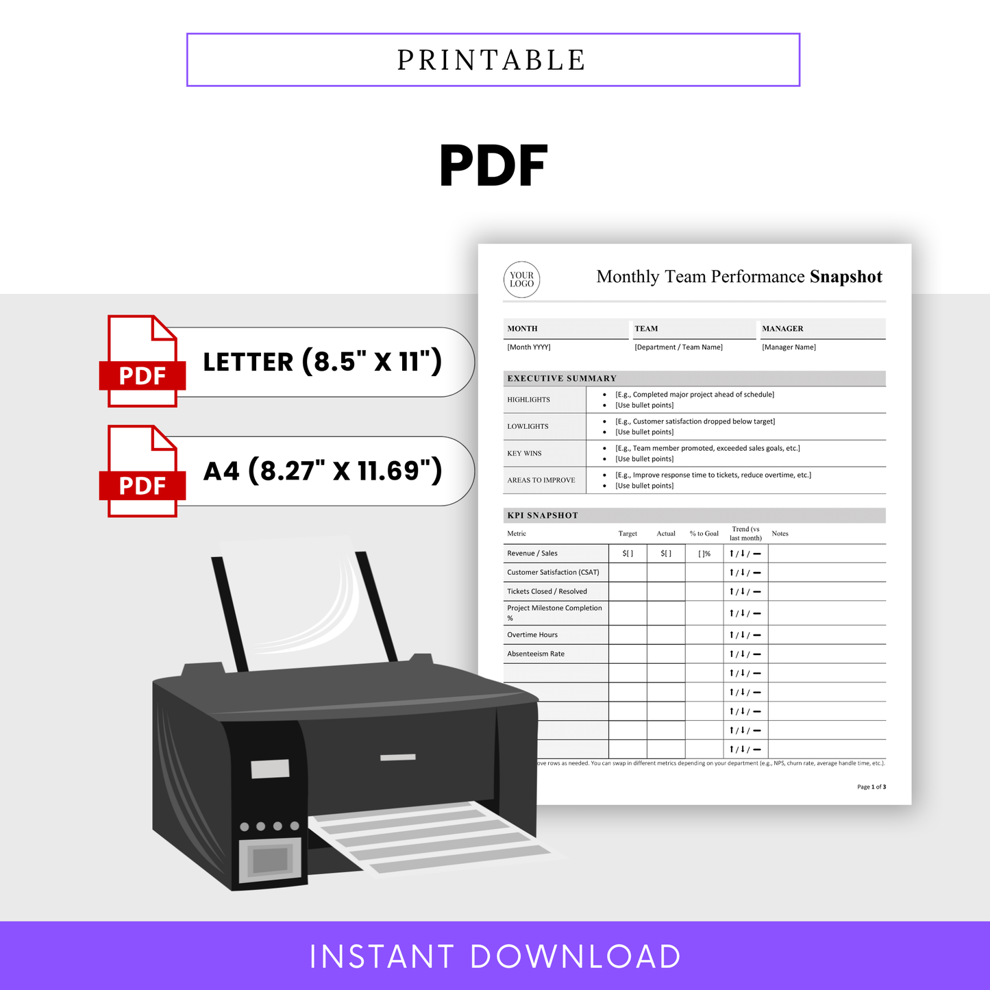 Printable monthly performance report PDF template in Letter and A4 sizes, clean professional layout for business reporting, KPI tracking and team performance documentation