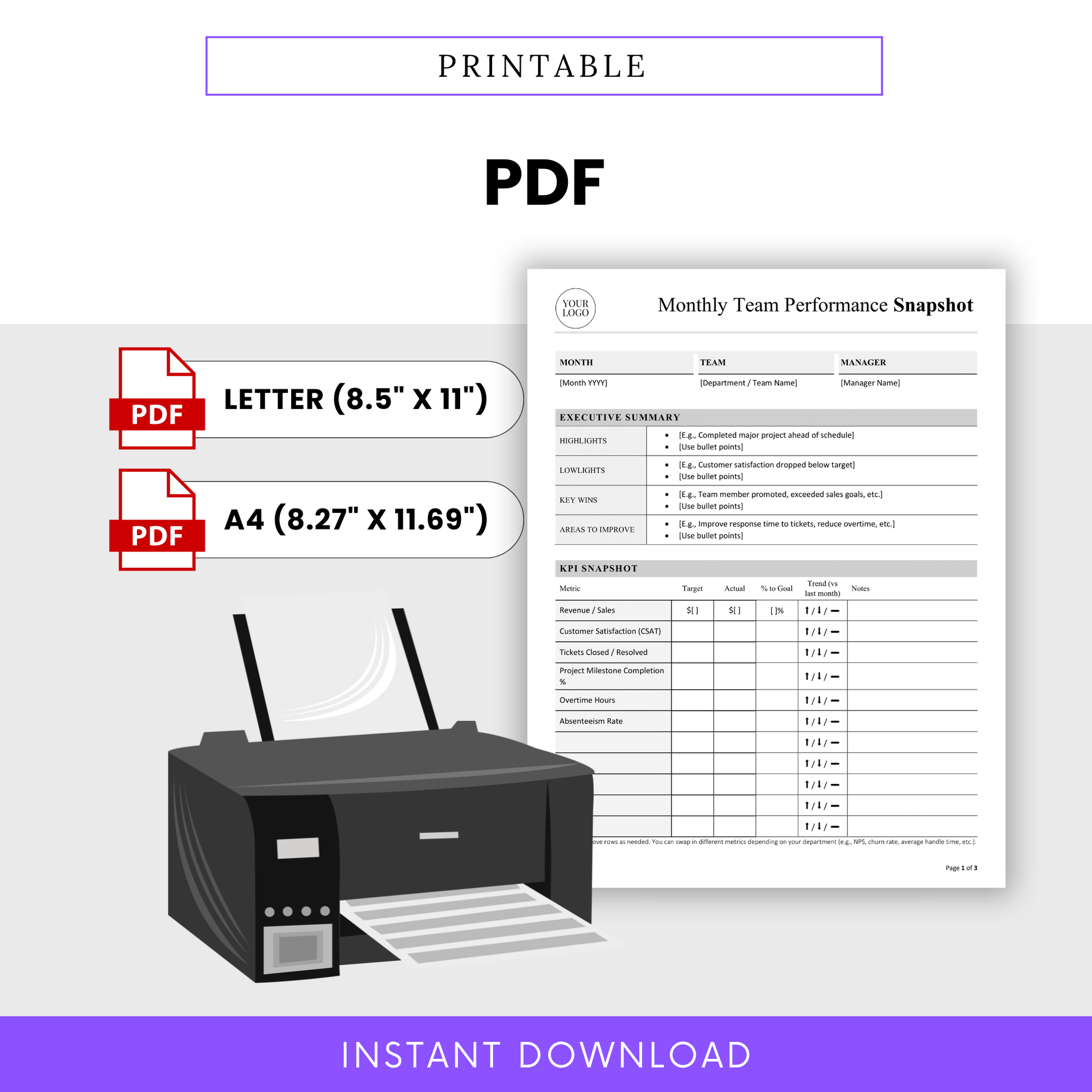 Printable monthly performance report PDF template in Letter and A4 sizes, clean professional layout for business reporting, KPI tracking and team performance documentation