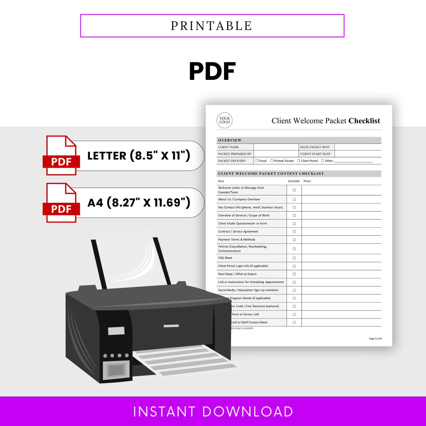 A printable version of the client welcome packet checklist alongside a printer graphic, highlighting easy at-home or office printing