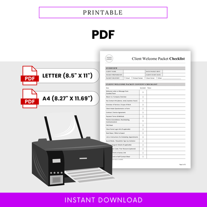 A printable version of the client welcome packet checklist alongside a printer graphic, highlighting easy at-home or office printing
