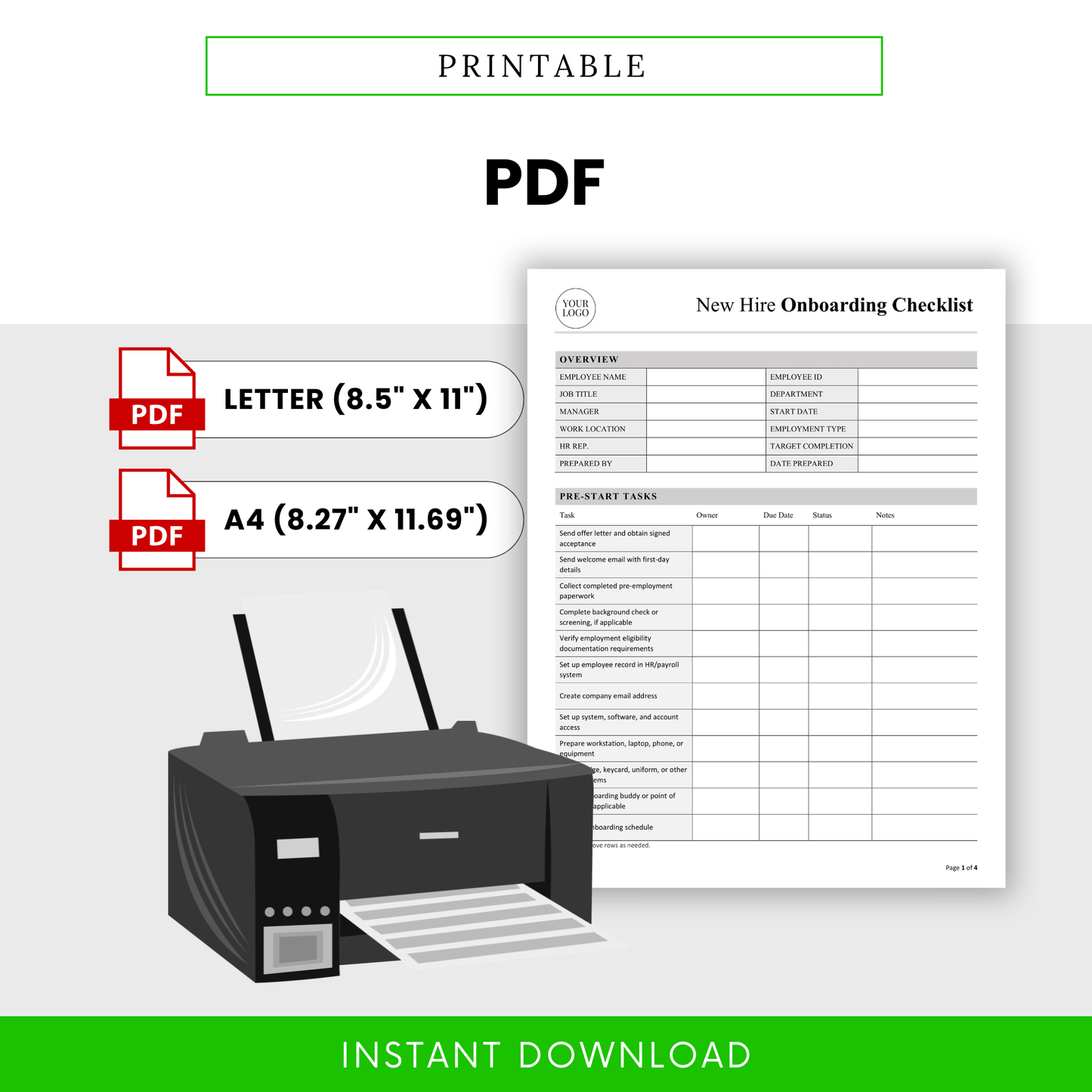 Printable new hire onboarding checklist PDF template, HR onboarding form ready for print, employee onboarding tracker with task checklist and document verification sections