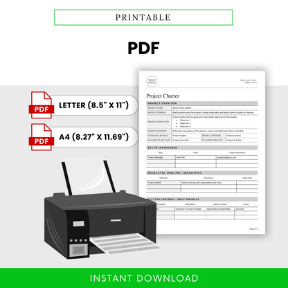 Printable PDF project charter shown with a printer icon and format labels for Letter (8.5" × 11") and A4 (8.27" × 11.69").
