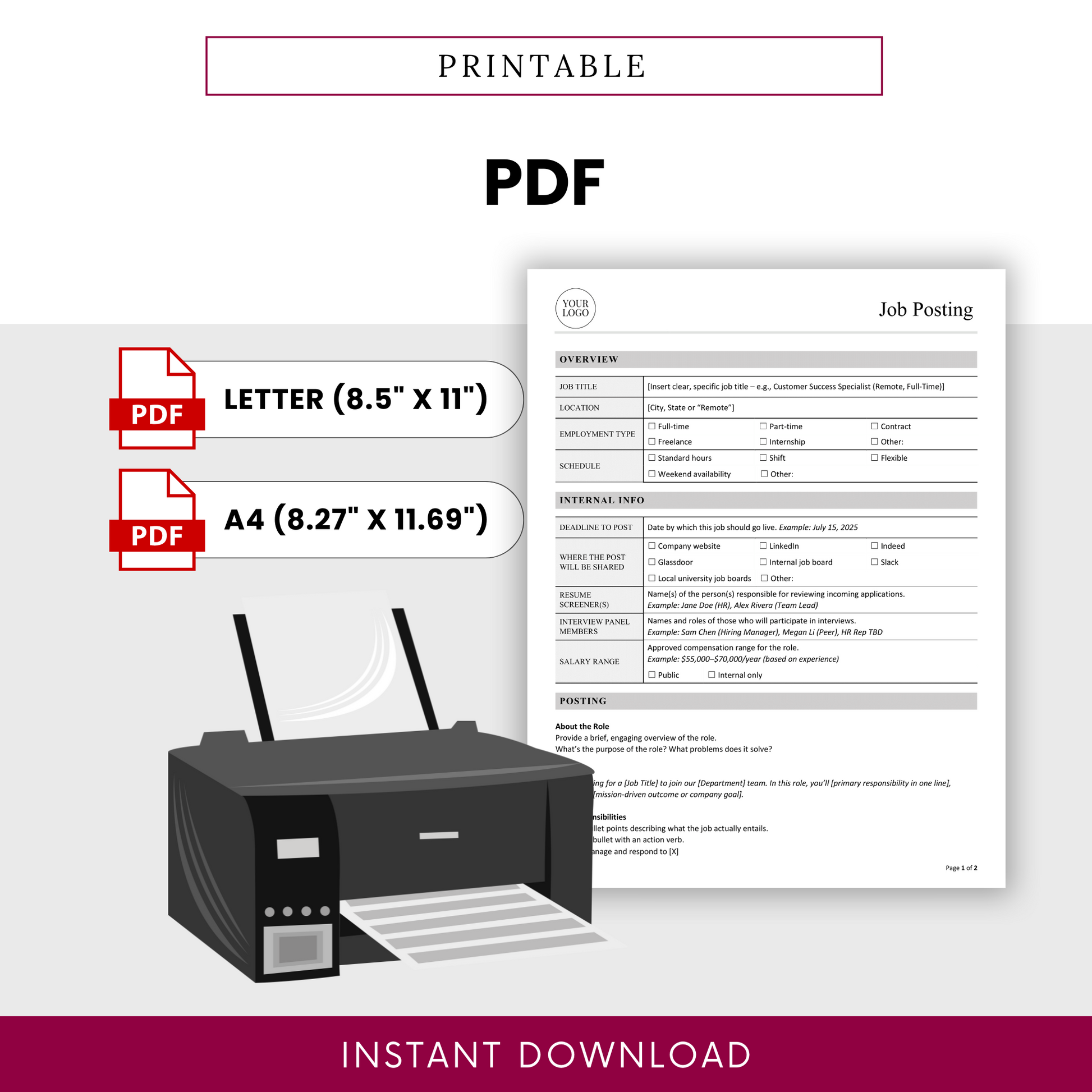 Printable job posting template PDF format with US Letter and A4 sizes, designed for easy printing and professional job listing documentation for HR teams