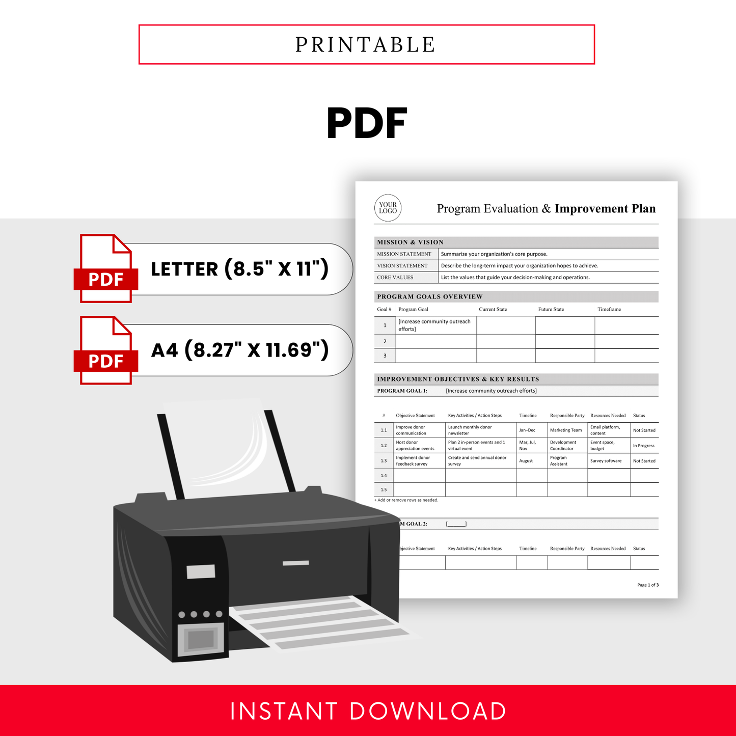 Printable nonprofit evaluation template PDF in letter and A4 sizes, designed for easy printing and program tracking documentation
