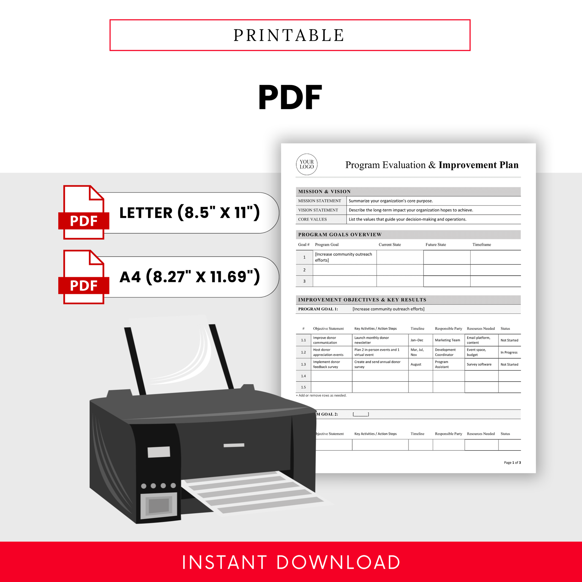 Printable nonprofit evaluation template PDF in letter and A4 sizes, designed for easy printing and program tracking documentation