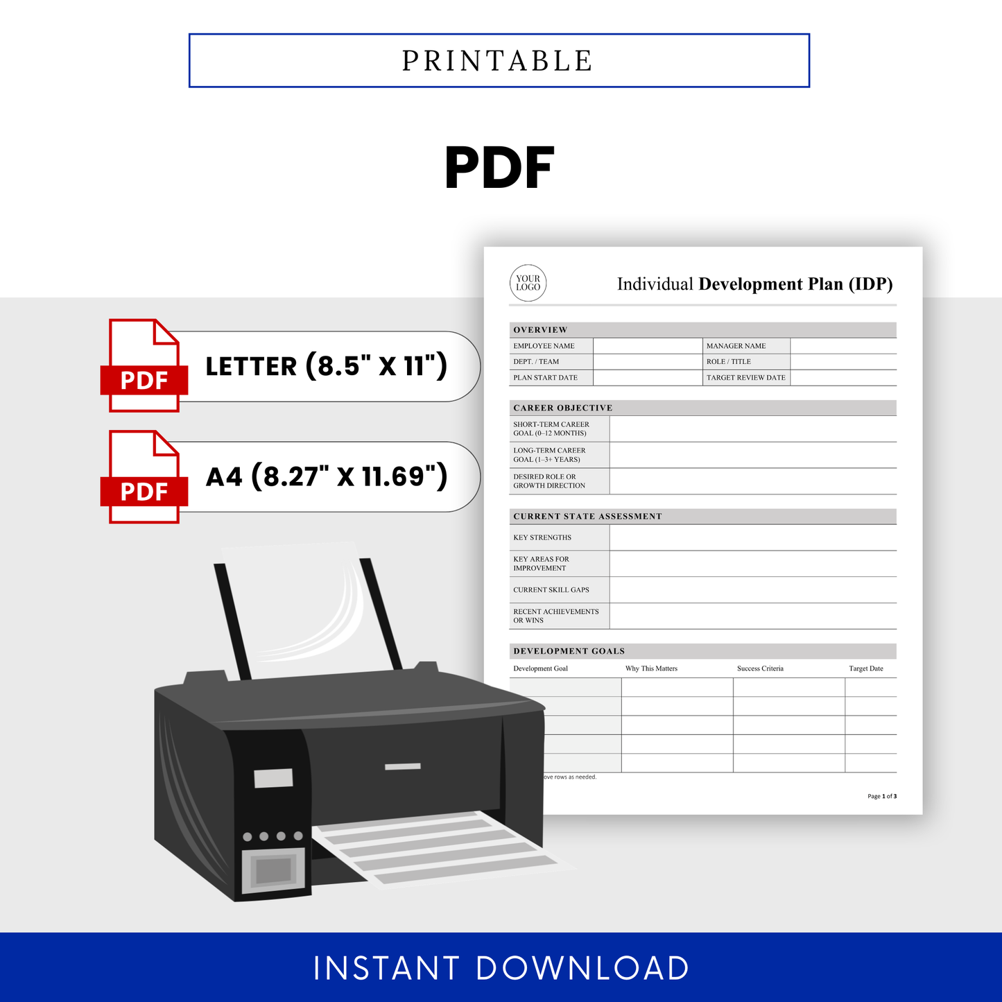 Printable Individual Development Plan template in PDF format, perfect for easy printing, career planning, employee evaluation, and professional development tracking