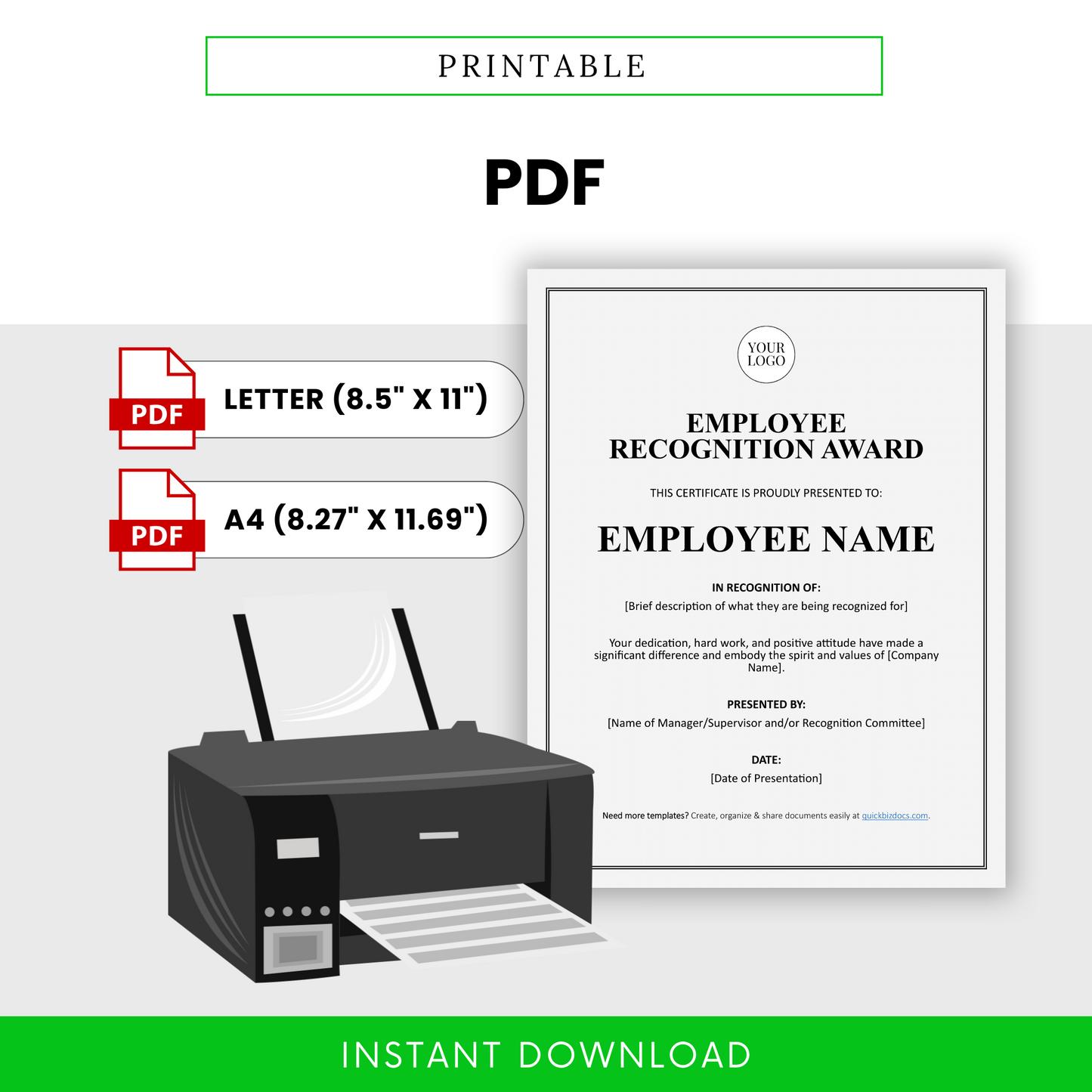 Printable employee recognition certificate PDF in letter and A4 sizes, clean professional design, ready for instant printing, ideal for staff awards and appreciation